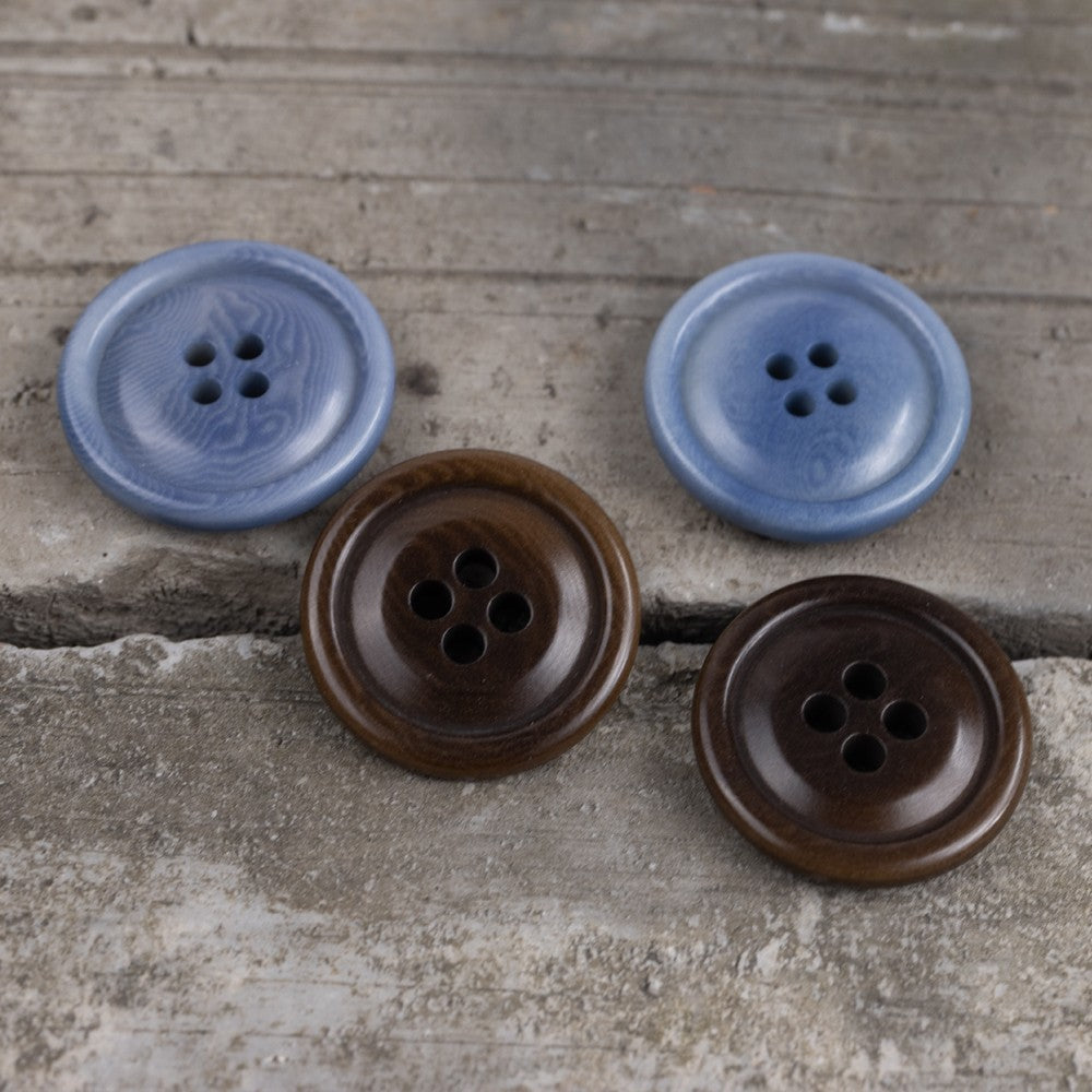 Four-hole round buttons: sky blue and dark brown corozo, set of 4 visible