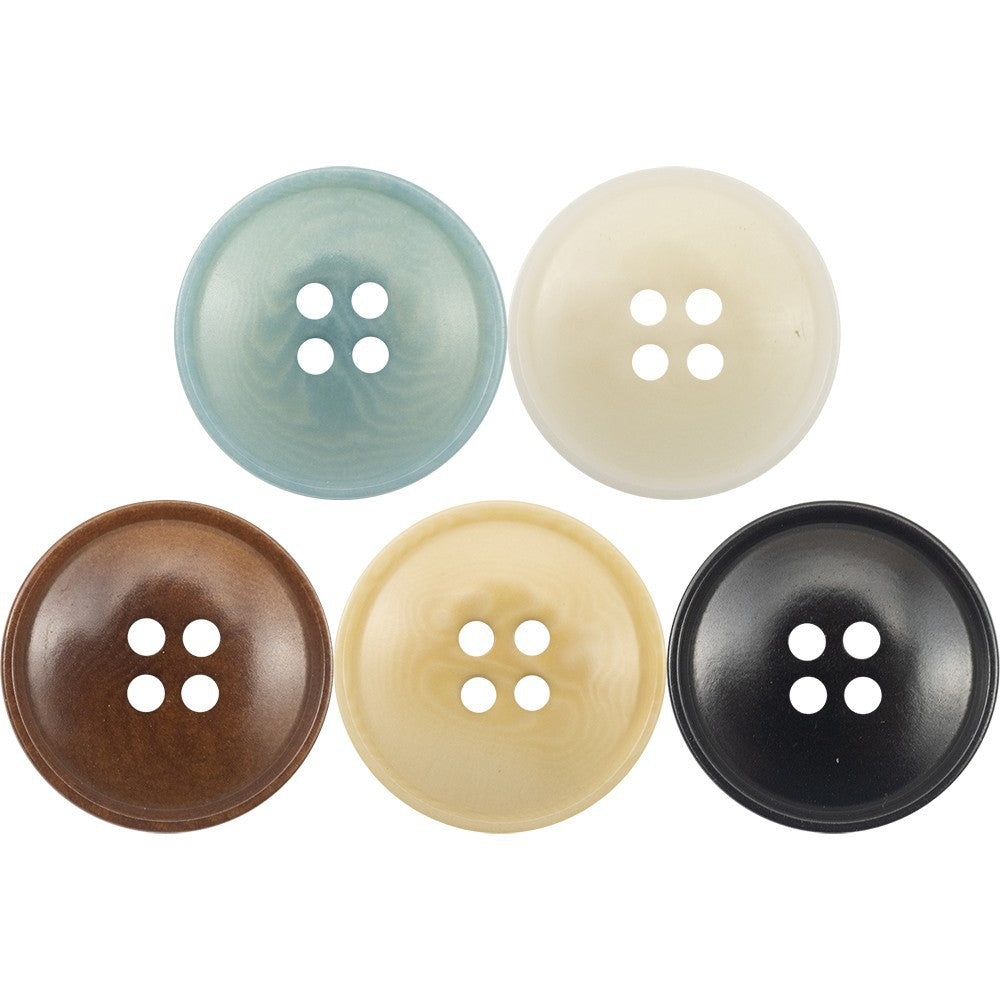 Gray-blue four-hole corozo button, round face with four visible holes