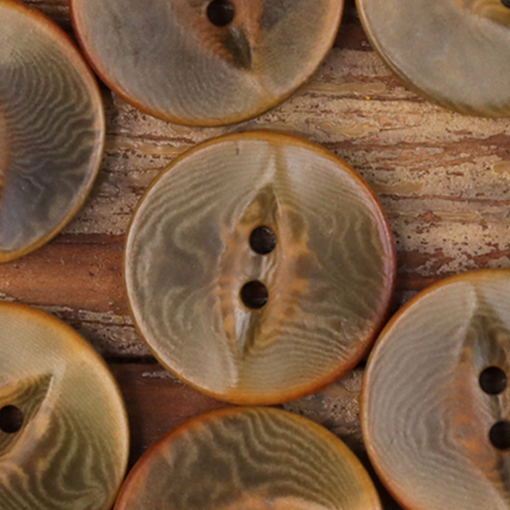 Close-up palm nut shell button, gray-green mottled texture with 2 holes