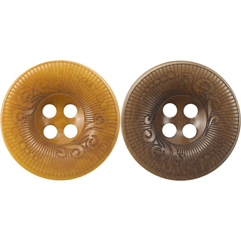 Carved nut shell buttons in yellow and brown, four-hole round design