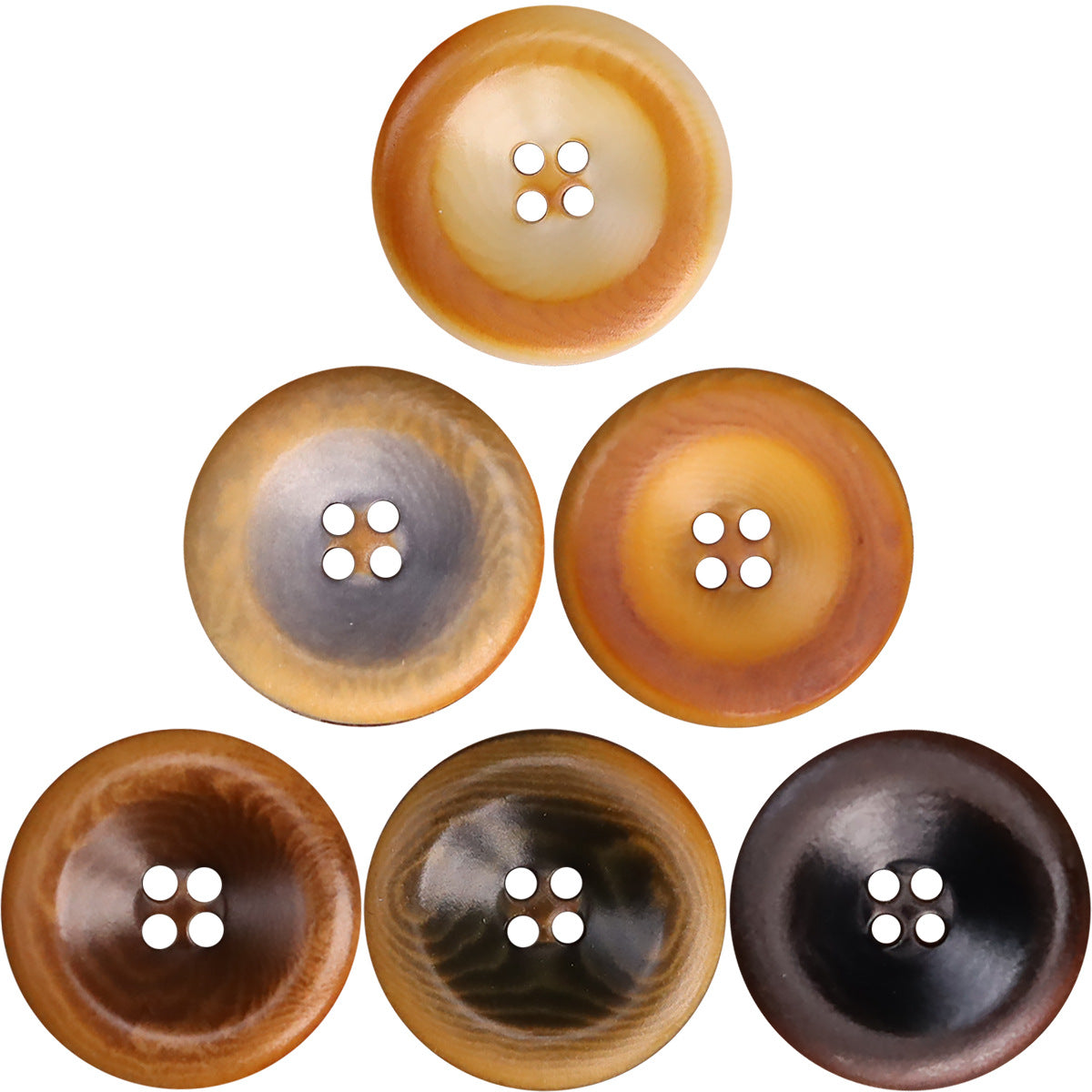 Brown retro burnished palm tree nut shell button, 4-hole design, 15–25mm size