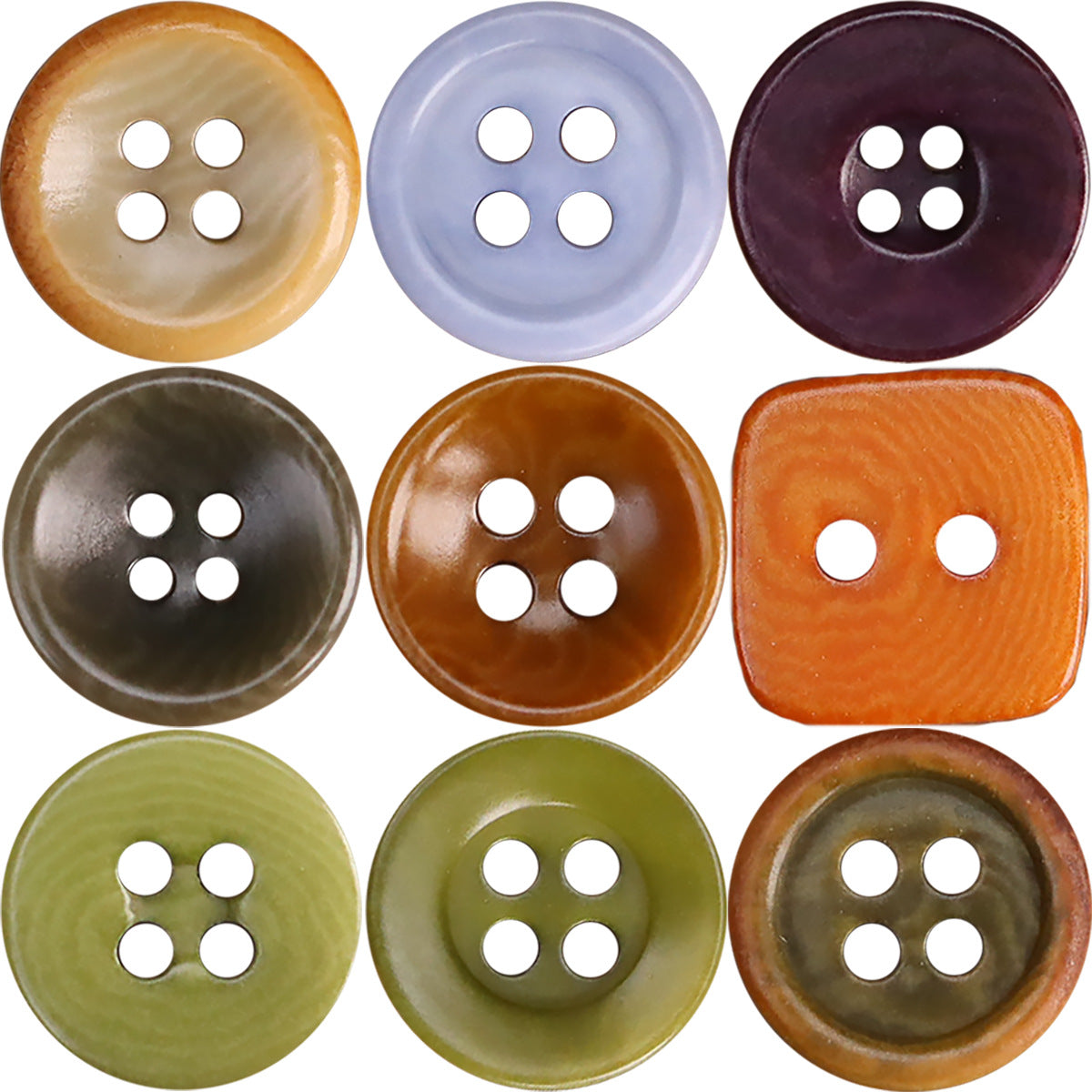 11.5mm fruit-style shirt buttons, nine assorted colors, four-hole design