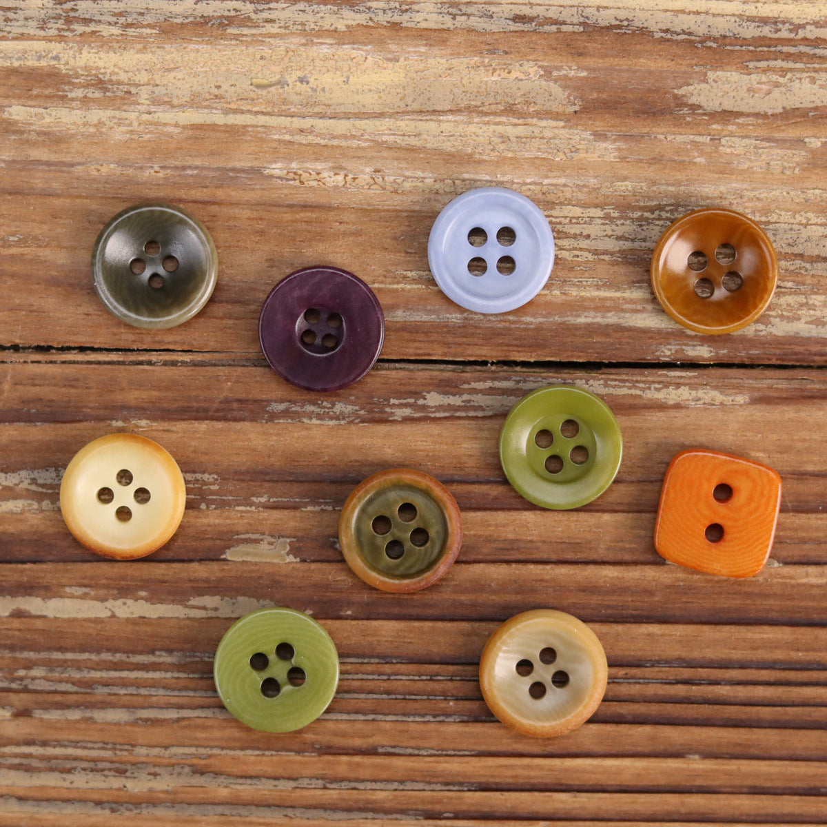 Assorted 11.5mm shirt buttons set with olive, cream, bronze, purple, light blue and orange