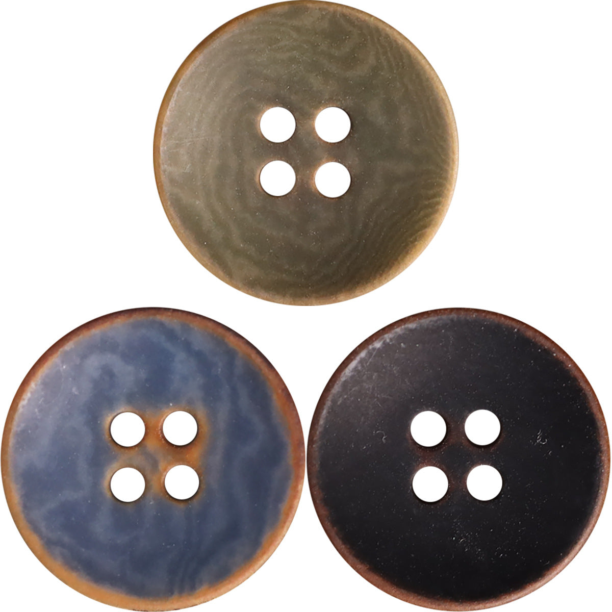 Natural 4-hole fruit buttons: black, blue, and brown, 12 pcs.