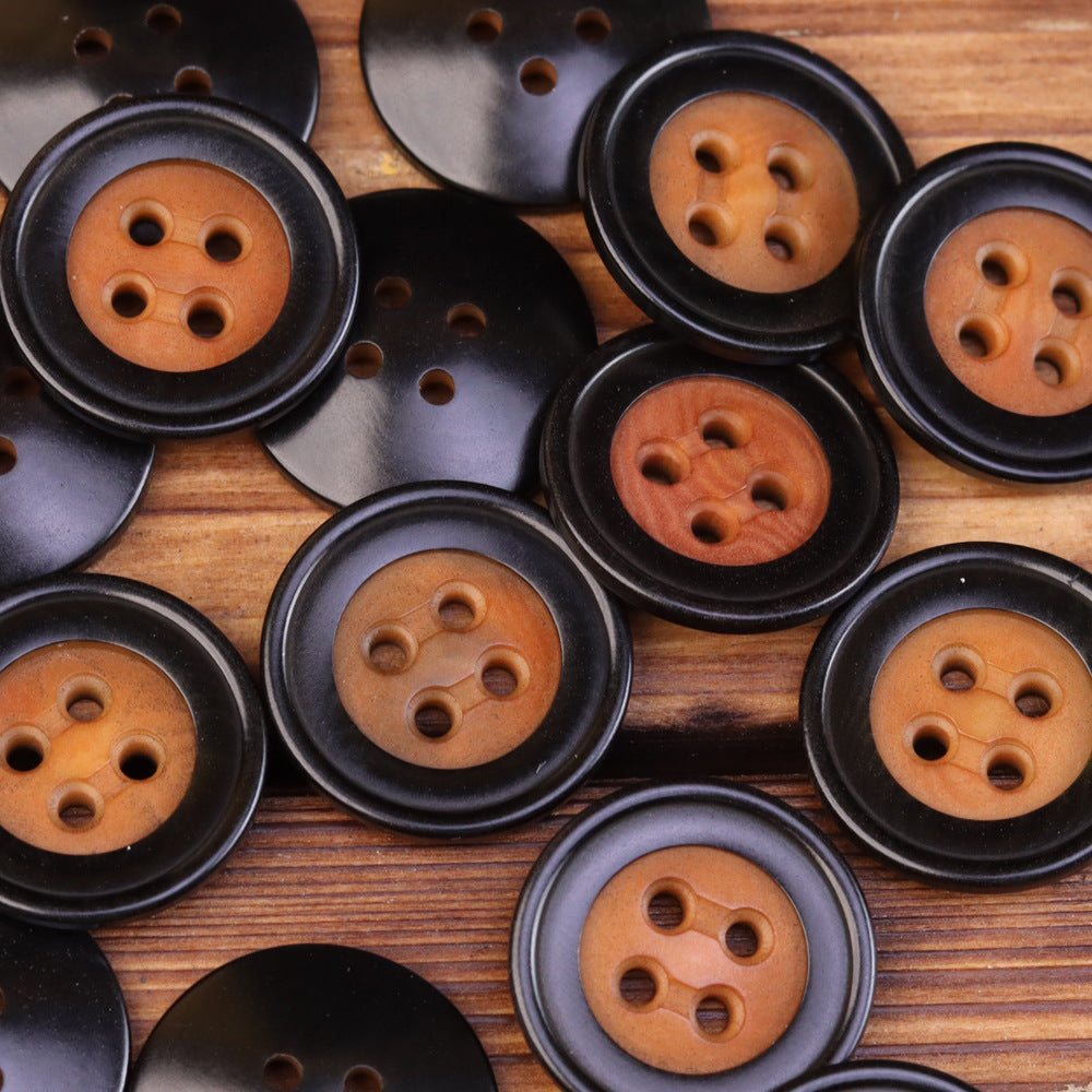 Palm fruit shell buttons, 4-hole: orange-brown centers with dark rims