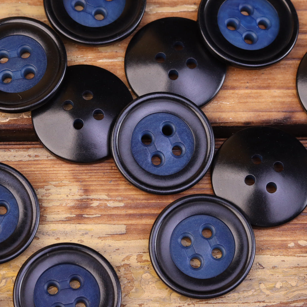 Assorted palm fruit shell buttons set, 4-hole, dark gray and blue, dark rims