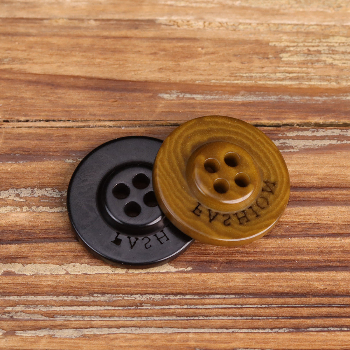 23mm cracked texture fruit buttons, dark coffee and black, overlapping 4-hole fronts