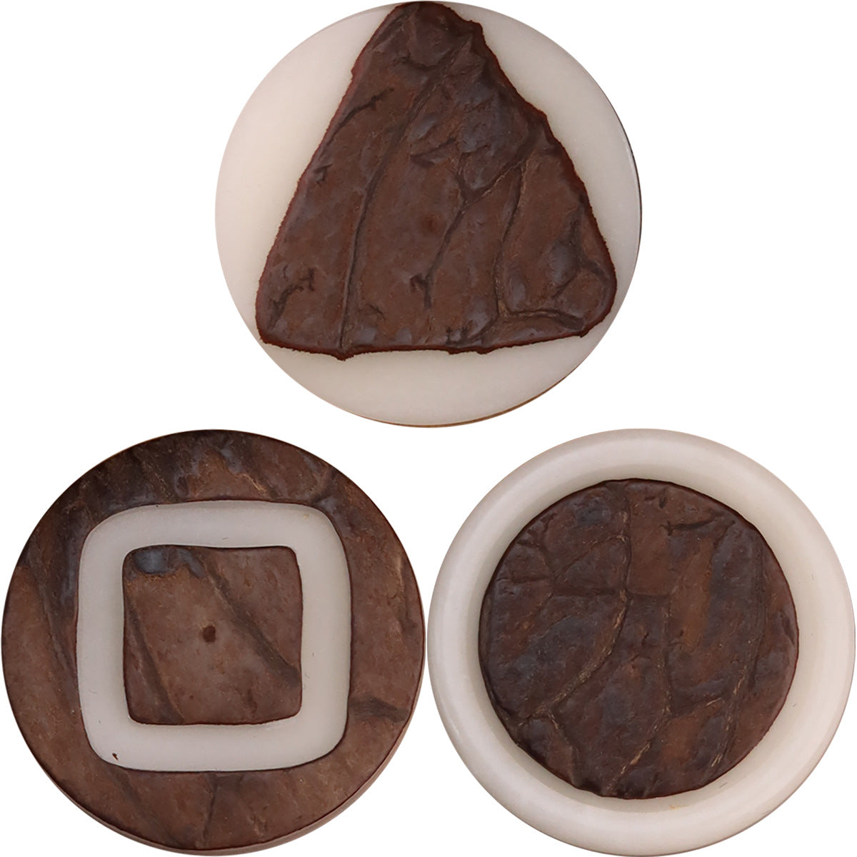 Triangular corozo button with white ring, dark brown wood grain texture