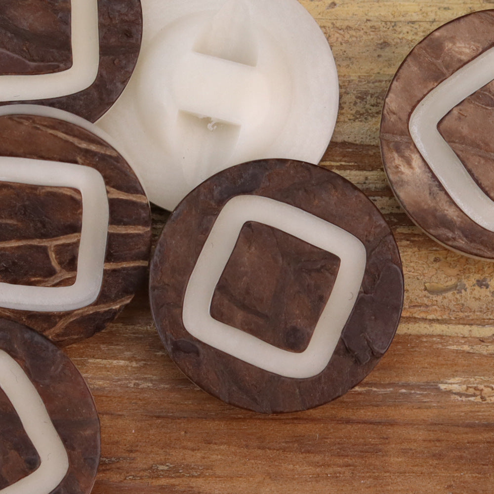 Square corozo button with dark brown face and white ring border
