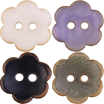 Flower-shaped corozo buttons, four colors: cream, lavender, black, olive-gray, two holes.