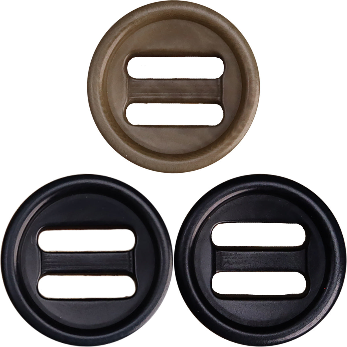 Oblong-hole corozo-style button, dark navy/black round, two horizontal slots