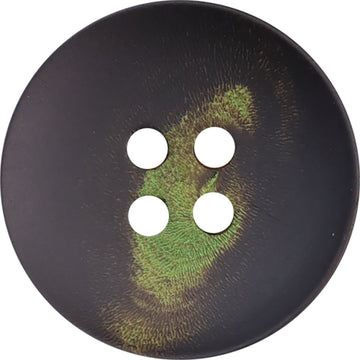 Dark horn-look buttons with green floral print, 4-hole close-up.