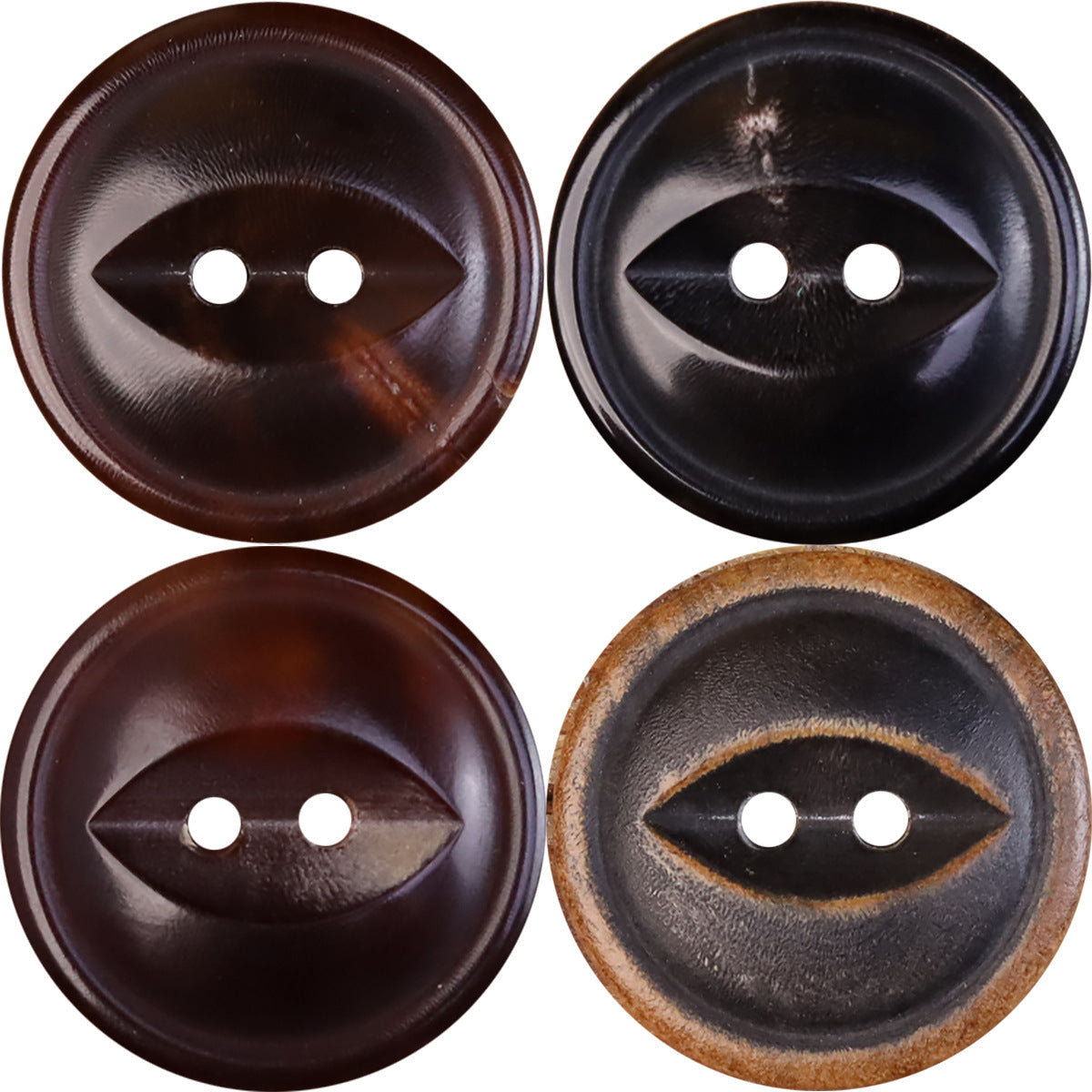 11.5–25mm burnished horn-look fish-eye buttons, 2-hole front, assorted dark tones