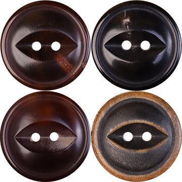 11.5–25mm burnished horn-look fish-eye buttons, 2-hole front, assorted dark tones