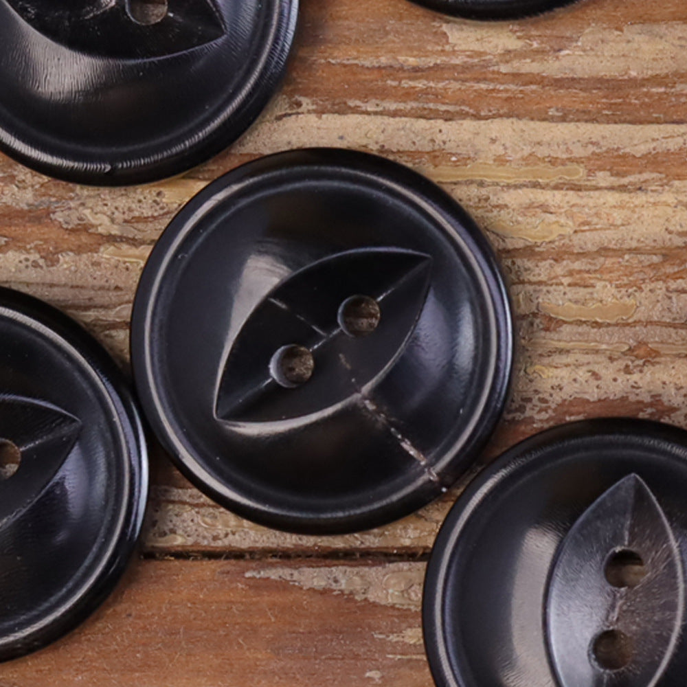 11.5–25mm burnished fish-eye buttons with 2-hole front, dark black finish