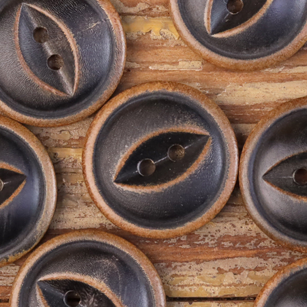 Fish-eye buttons, 11.5–25mm, burnished dark black with 2-hole shank front