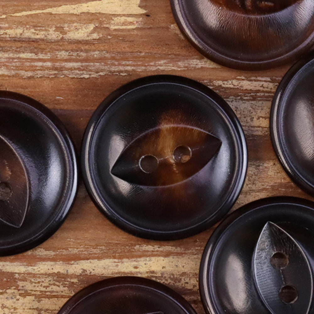 11.5–25mm fish-eye buttons, burnished dark black fronts with 2 holes
