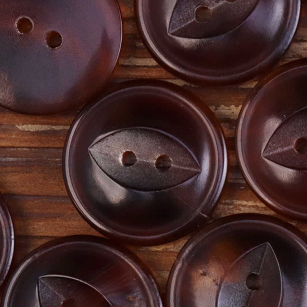 Assorted 11.5–25mm horn-look fish-eye buttons with 2-hole fronts in coffee tones
