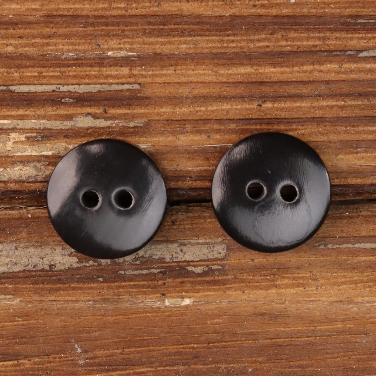 Two-hole horn-look buttons, dark finish, smooth surface with two round holes