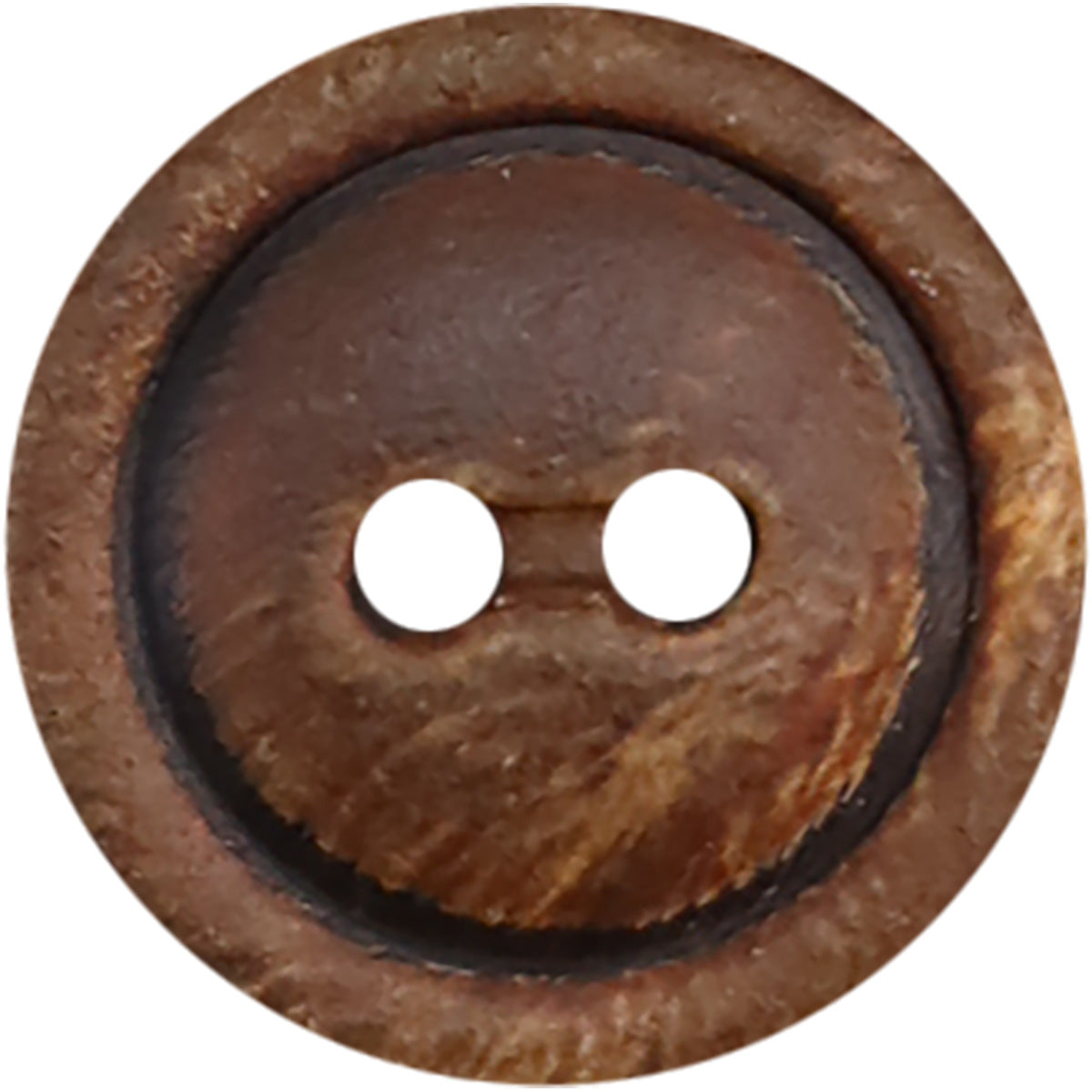 Retro two-hole natural horn buttons, dark brown with burned black edge, close-up