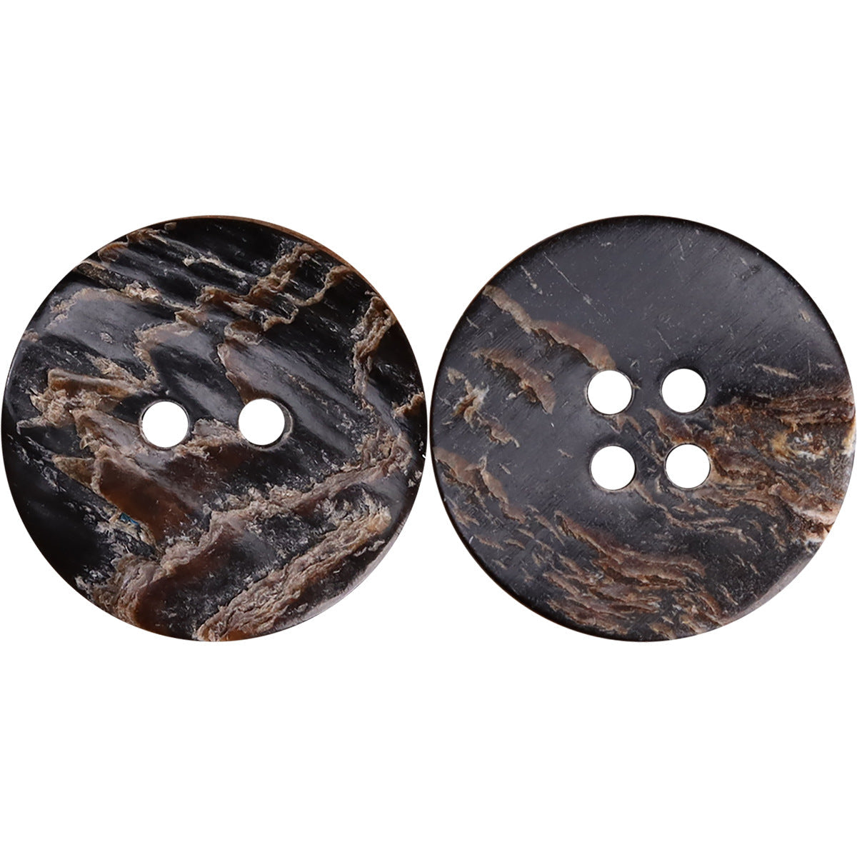 Black flat irregular textured horn-look buttons, one 2-hole and one 4-hole