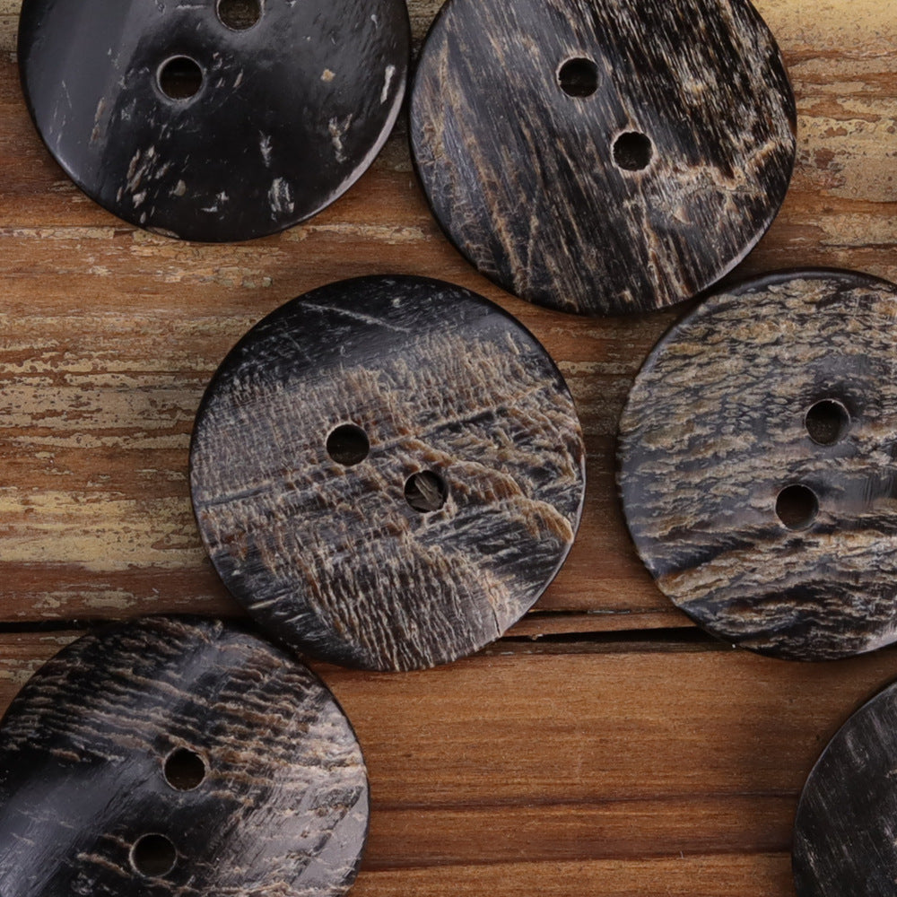 Black rustic horn-look buttons with textured grain; varied holes, 2-hole and 4-hole