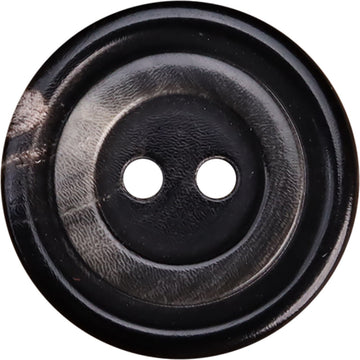 Two-hole water buffalo horn button, silver-gray and black, front close-up