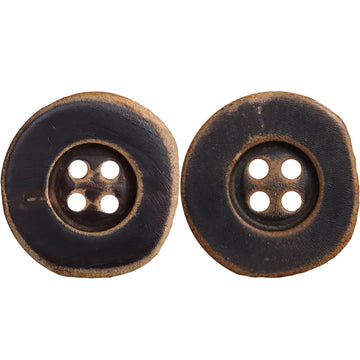 Black irregular burnished horn buttons, four-hole design, 2 pieces, front view