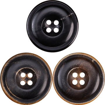 Burnished dark horn button with black finish and four-hole design