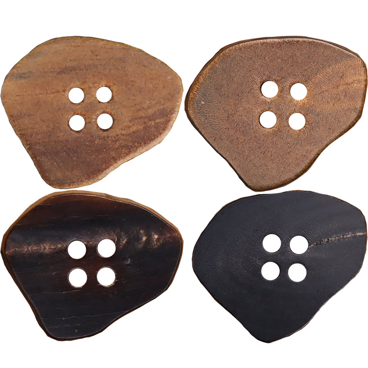 Irregular burned-horn buttons, burnt coffee and burnt black, 4 holes, set of 4