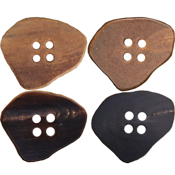 Irregular burned-horn buttons, burnt coffee and burnt black, 4 holes, set of 4