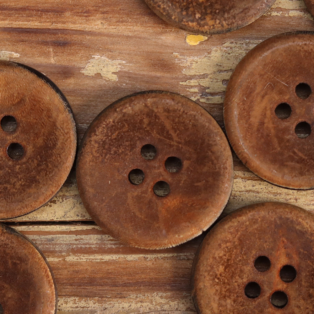 Set of round horn buttons in dark red-brown, each with four holes