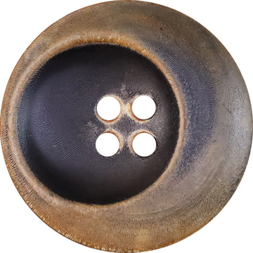 Burned black horn look button, four holes, round with textured bronze rim