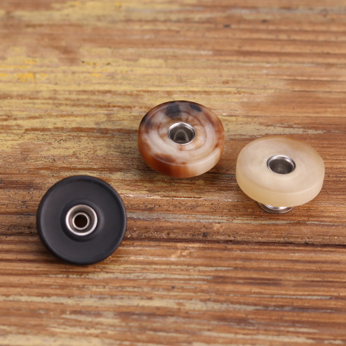 18mm matte horn rivet stud buttons, dark, light beige, and caramel-brown shown