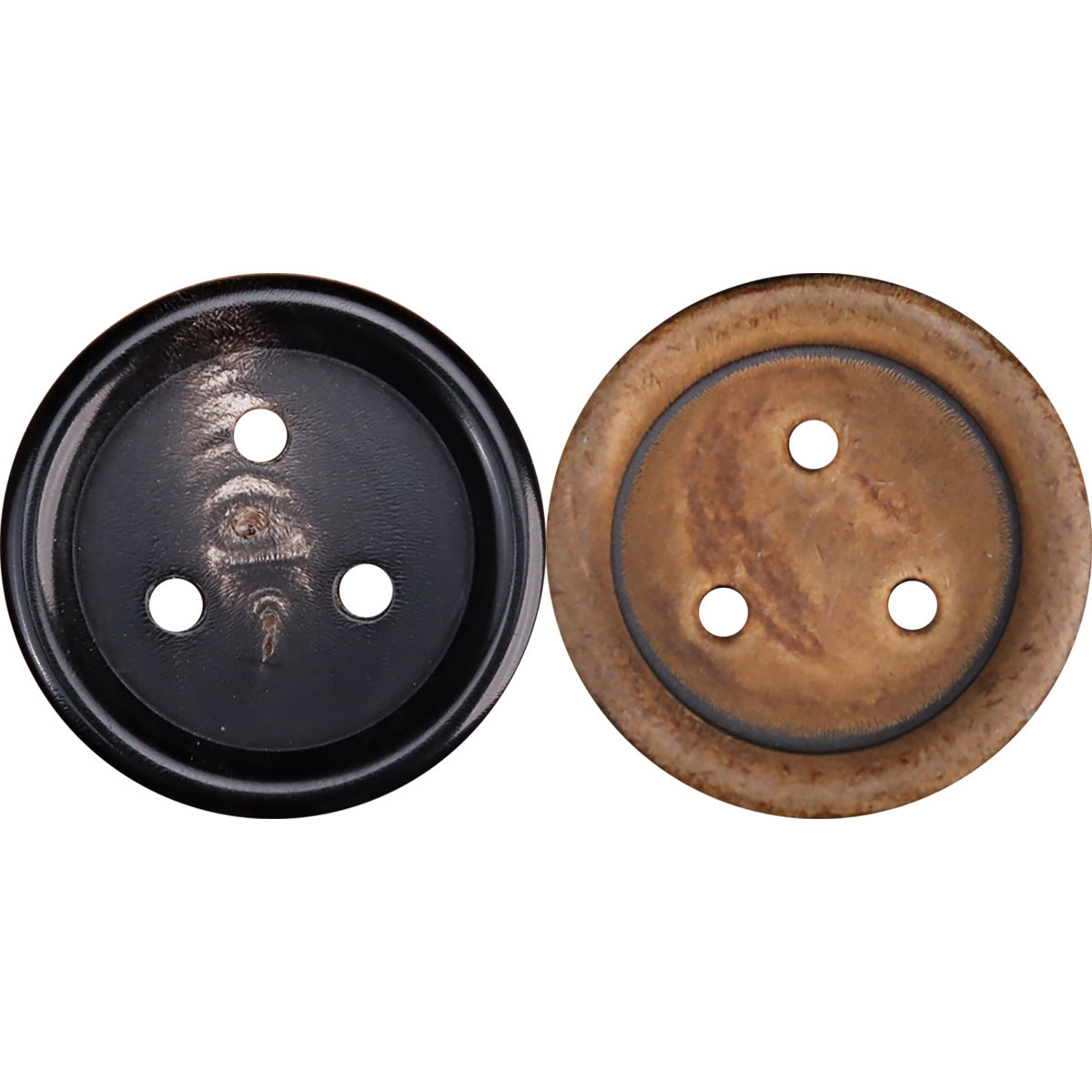 Retro 3-hole horn button set: black and yellowish-brown, 10 pcs