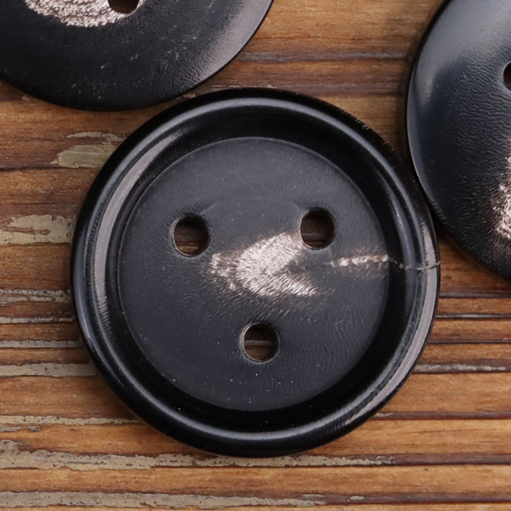 Close-up: retro 3-hole horn button, dark black, 10 pcs