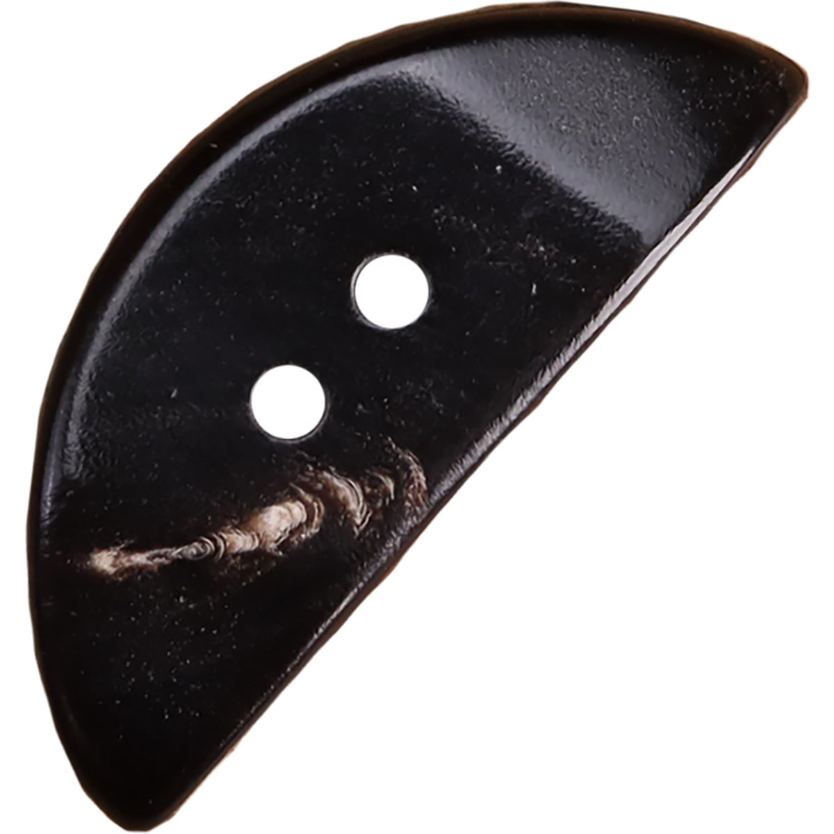 Black irregular triangular half-moon horn button with two round holes