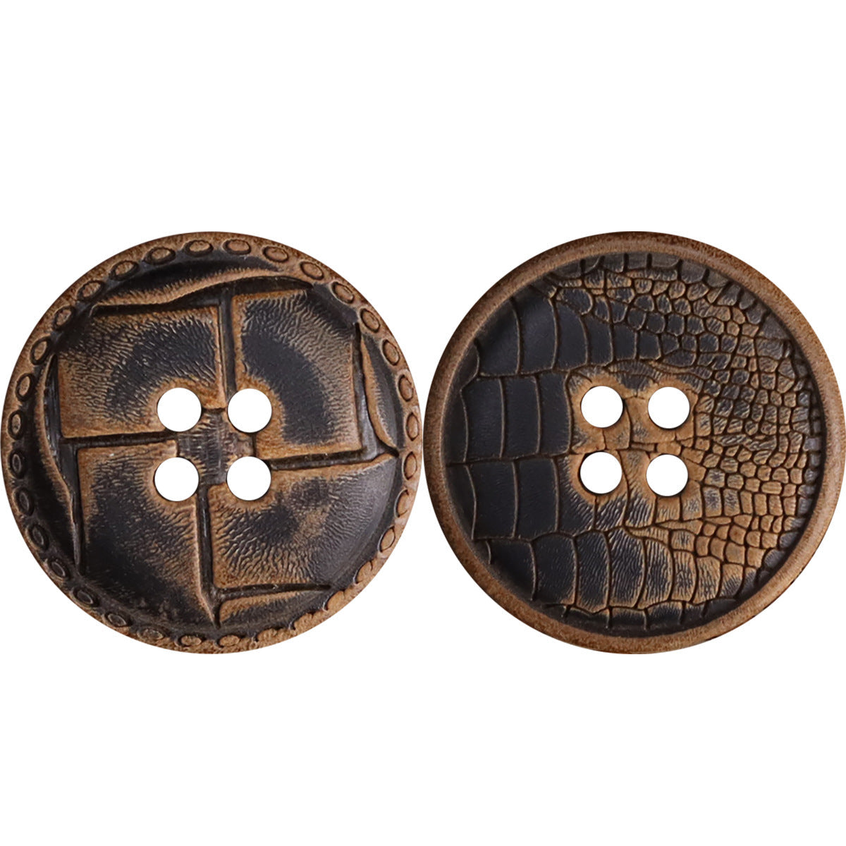 Retro carved horn-look button, four-hole, Style A geometric cross design.
