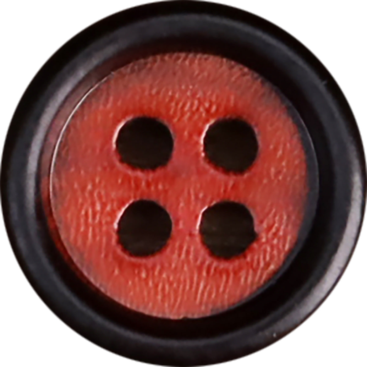Red round shirt button, dark 4-hole design with natural horn-like texture