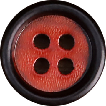 Red round shirt button, dark 4-hole design with natural horn-like texture