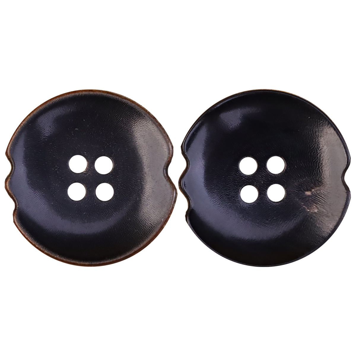 Black burnished natural horn-look buttons, irregular shell shape with 4 holes