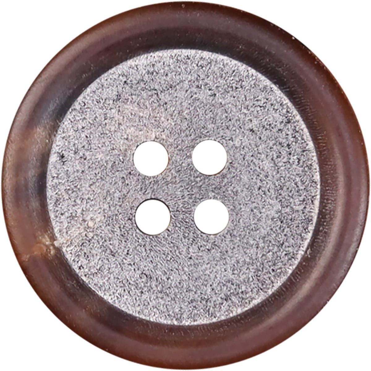 Light coffee matte horn-look button, 4 holes, textured ring close-up