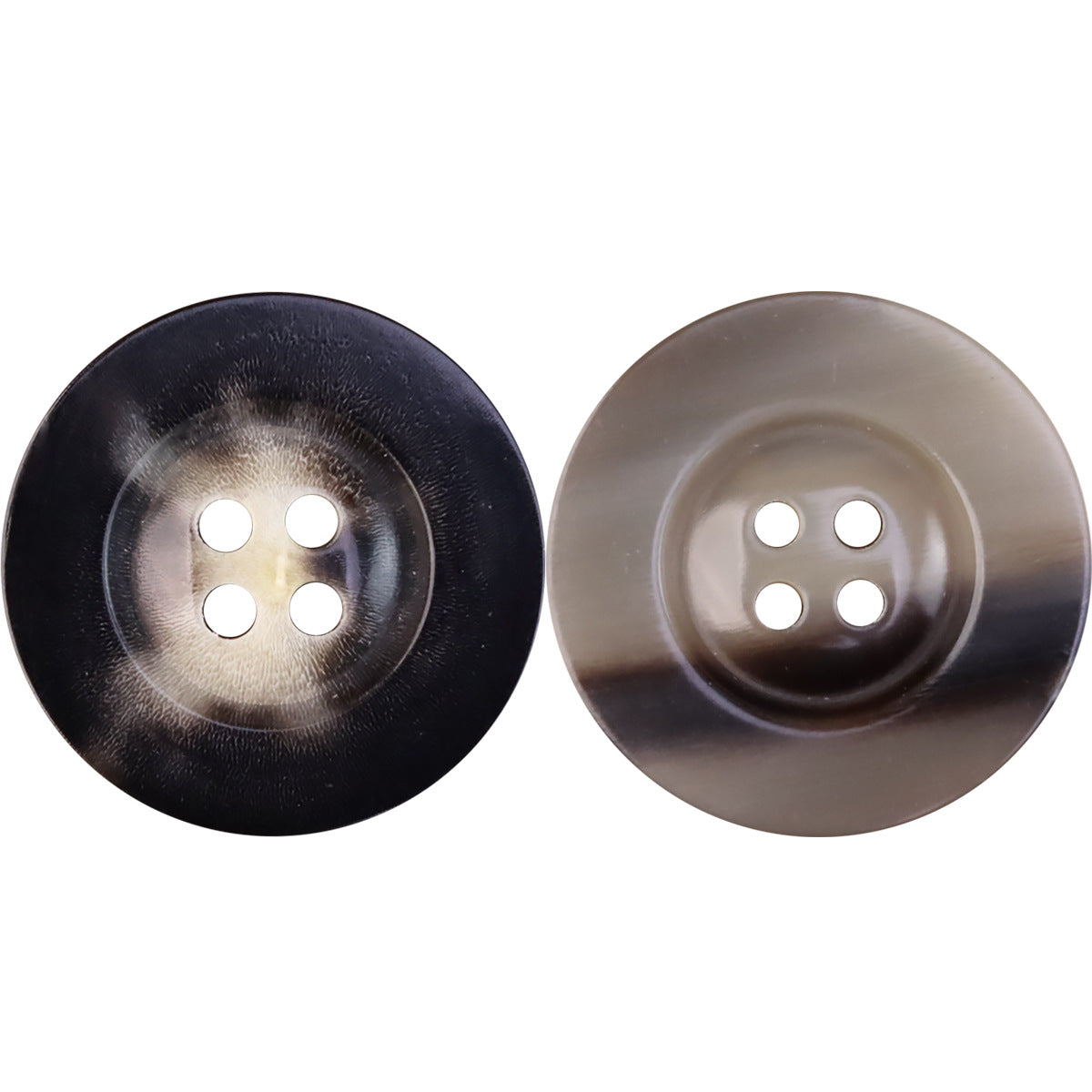 Horn-look buttons (2pcs), wide edge: dark and beige tones, 4-hole round design