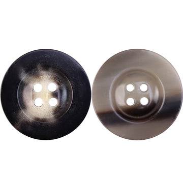 Horn-look buttons (2pcs), wide edge: dark and beige tones, 4-hole round design