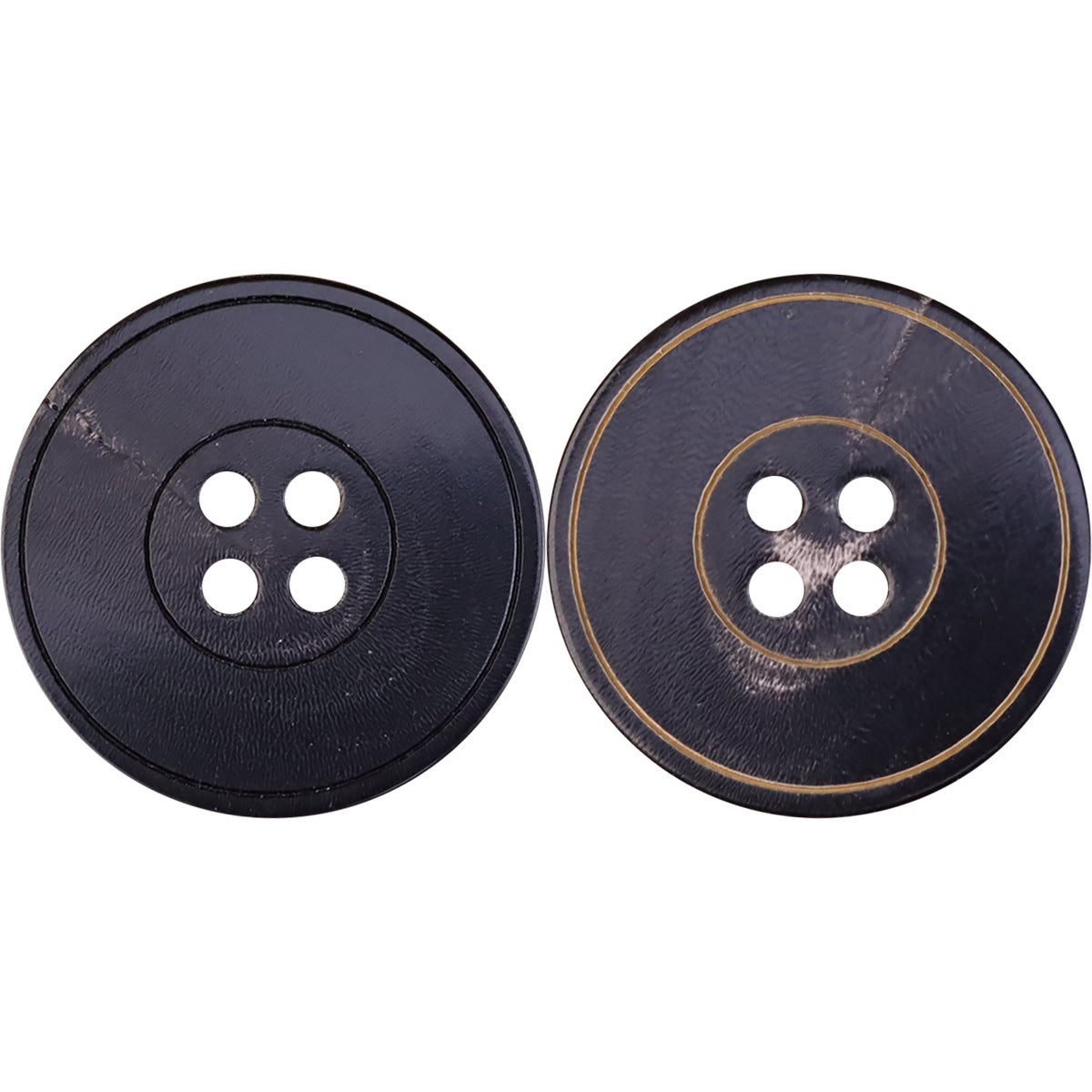 Flat grooved jacket horn buttons, 4-hole, dark with yellow-ring outline (2 pack views).