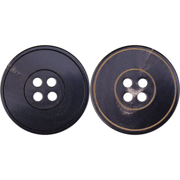 Flat grooved jacket horn buttons, 4-hole, dark with yellow-ring outline (2 pack views).