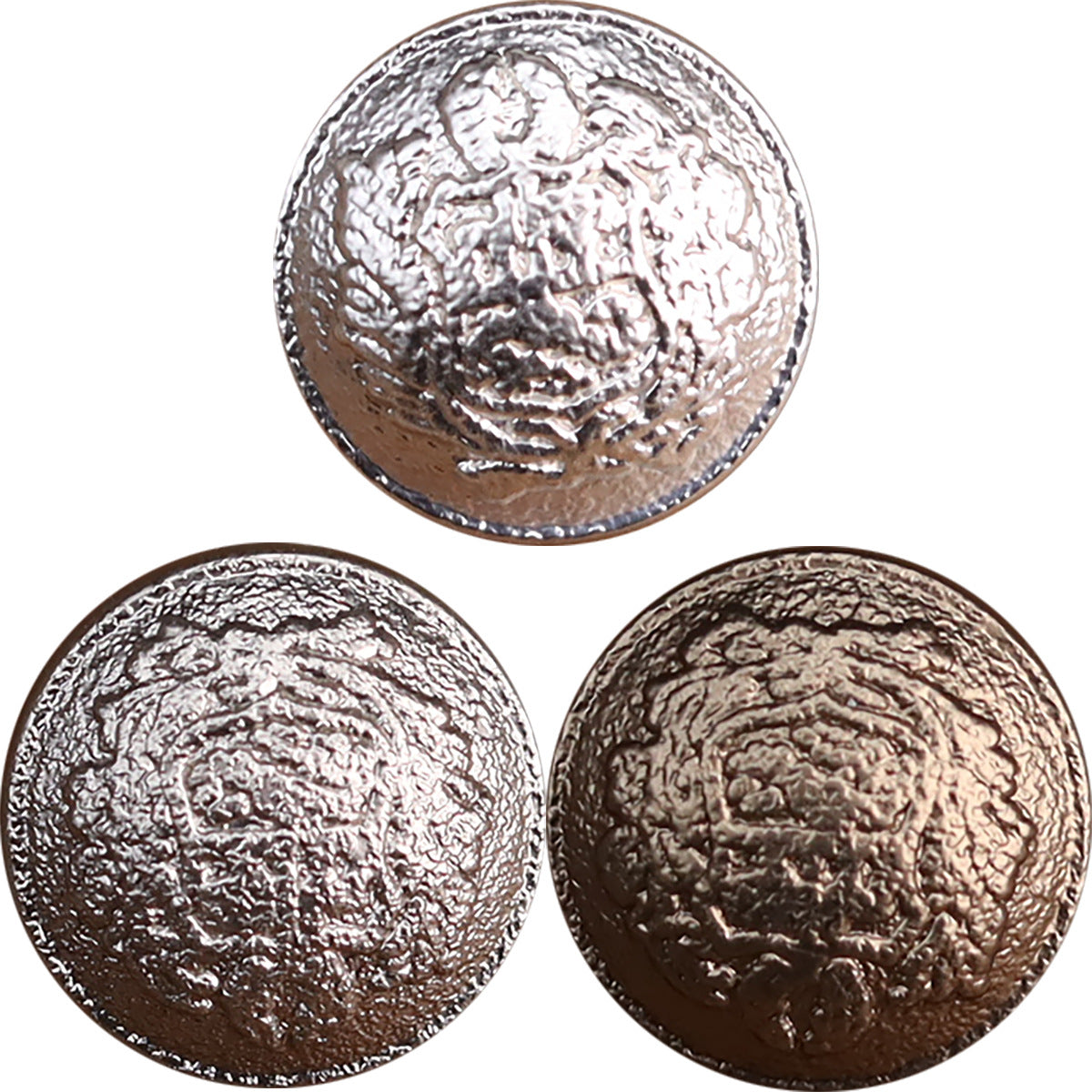 Vintage-Metallknöpfe (12 mm), mattes Silber mit Prägung auf der Vorderseite