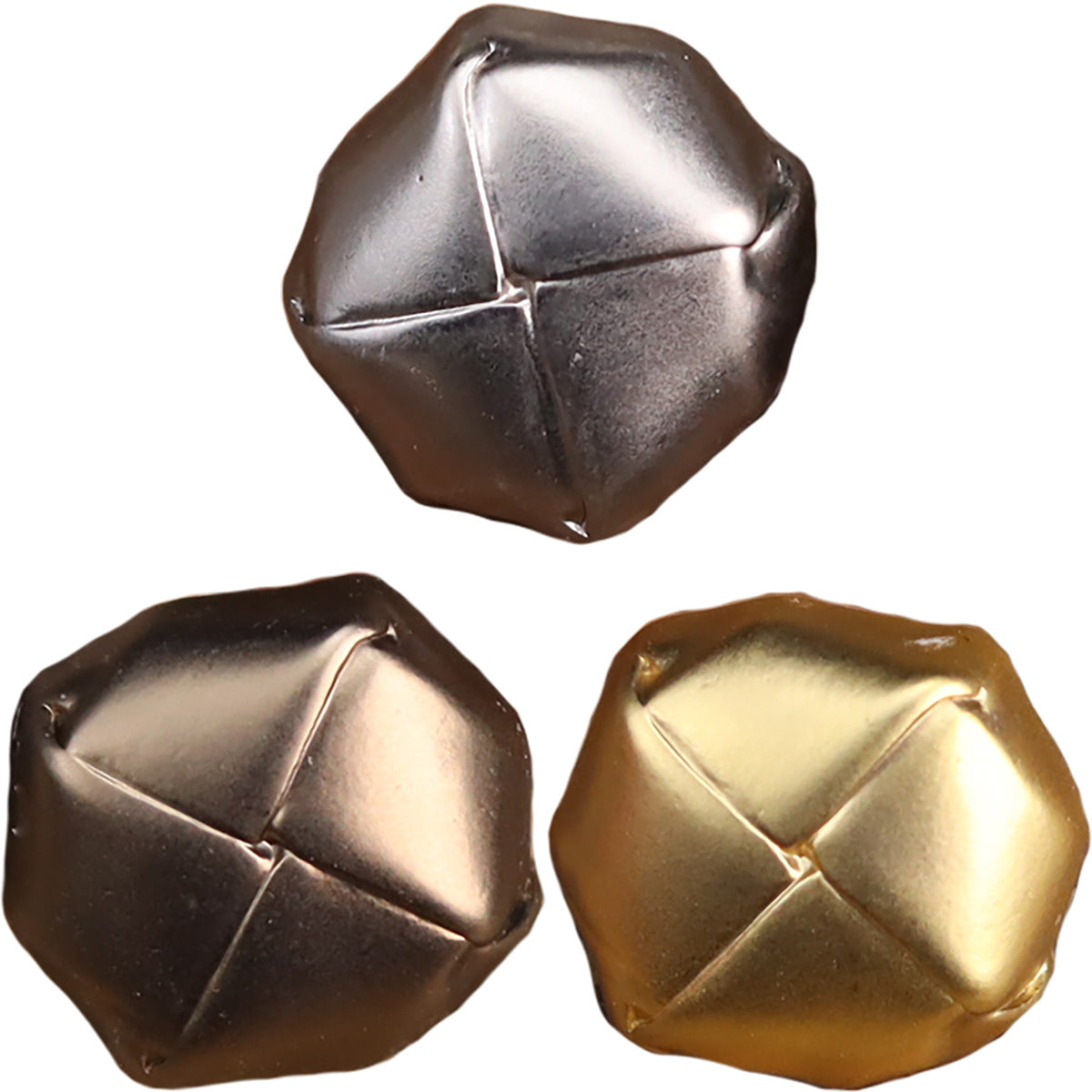 Distressed metal buttons, hexagonal front detail in dark brown, silver, and gold (set)