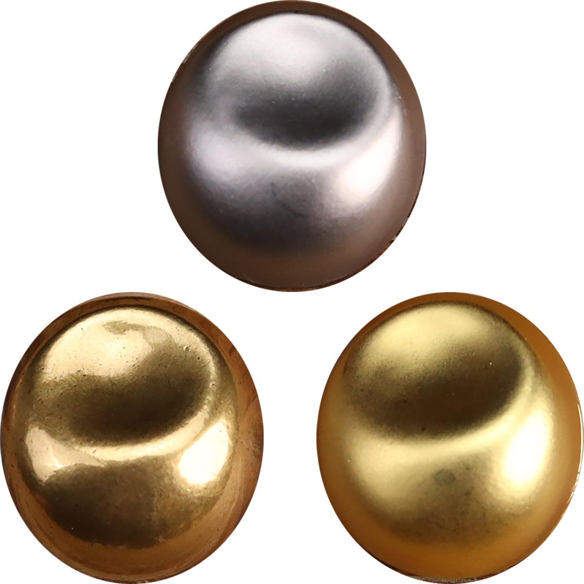 Vintage metal buttons: silver, antique gold, and shiny gold, front views (3)