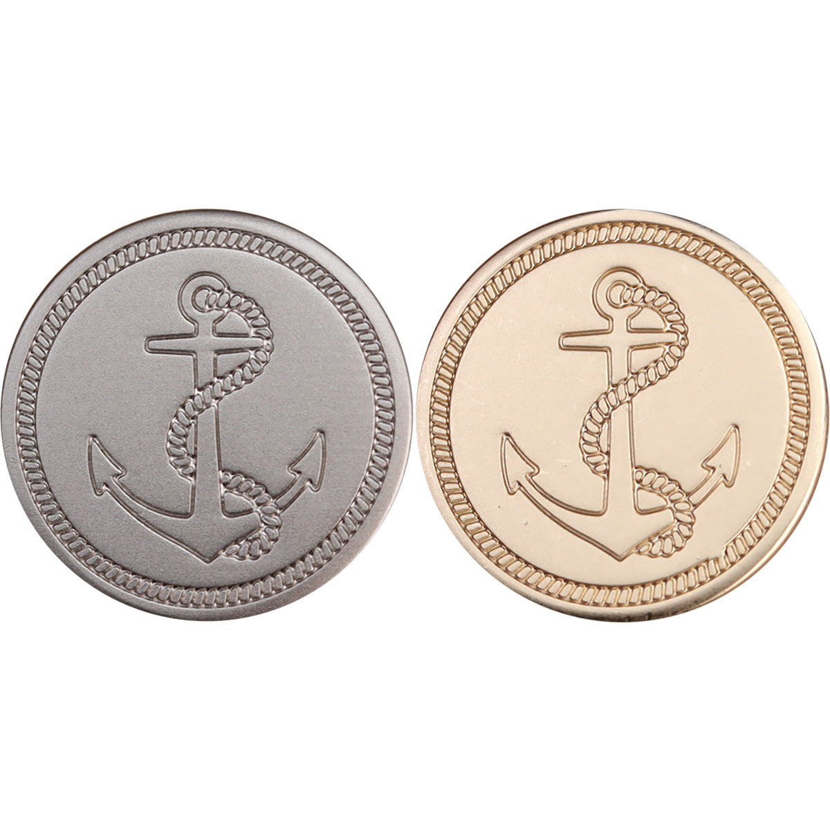 Set of anchor metal buttons: rose gold and shiny silver, round engraved anchor